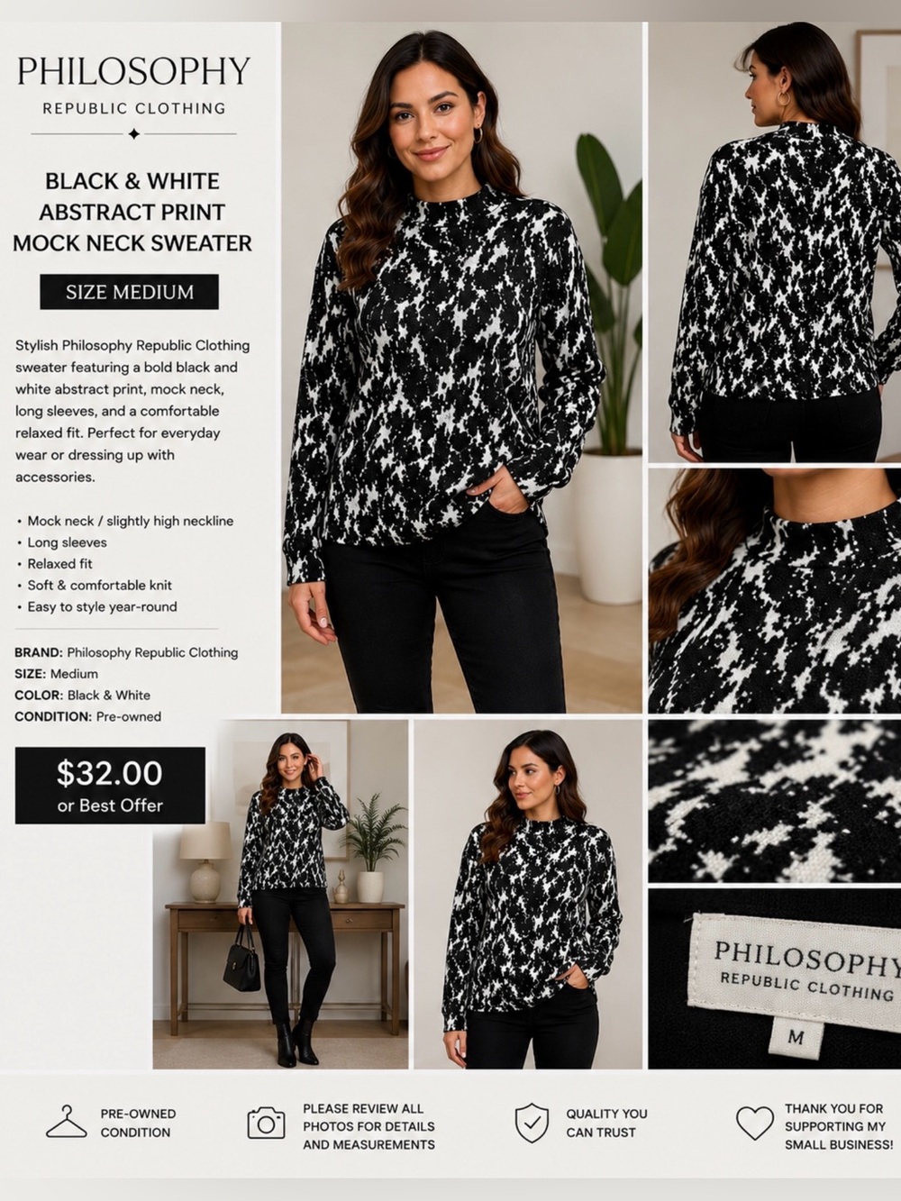 Philosophy Republic Clothing Women’s Size M Black White Abstract Mock Neck Sweat